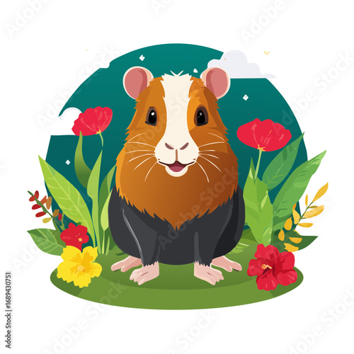 Cute guinea pig illustration surrounded by colorful flowers against a dark background nature animal