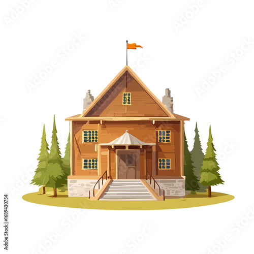 Wooden lodge house illustration in forest with flag on roof and steps to the front door, trees and chimney