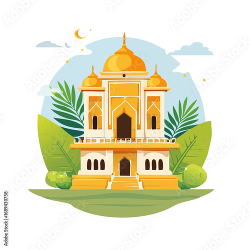 Indian architecture vector illustration of ornate building in stylized design with palm trees and crescent moon decorative concept
