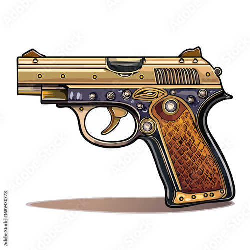 Steampunk pistol illustration antique gun design intricate details gold accents fantasy weaponry Victorian era influence ornate
