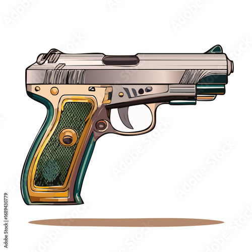 Stylized illustration of a pistol with ornate green handle set against a black background ideal for graphic design elements