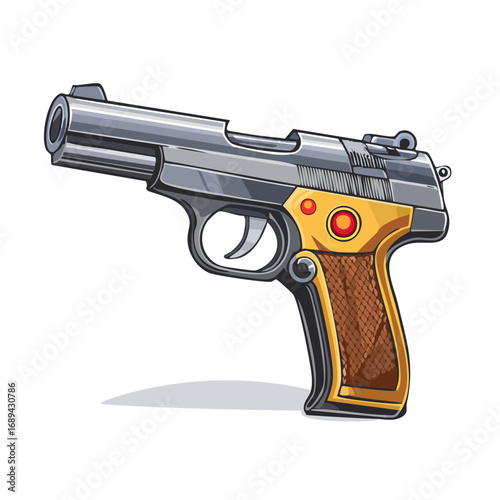 Cartoon gun illustration pistol with gold accents and futuristic design isolated on black backdrop