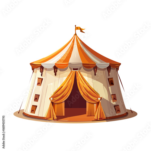 Stripped Big Top Tent with Flag and Curtains Isolated on Black Background for Events, Gatherings and Entertainment