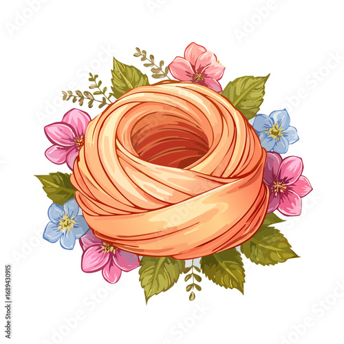 Vector Nest of Fettuccine Pasta Adorned with Flowers on Black Background