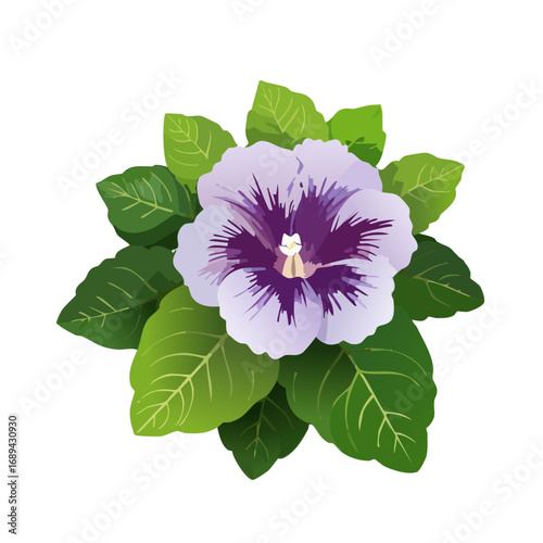Elegant vector illustration of a purple flower surrounded by green leaves on a black background.
