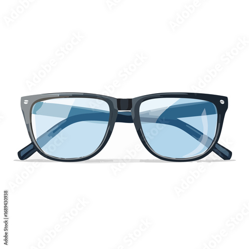 Illustration of stylish eyeglasses with black frames and blue tinted lenses
