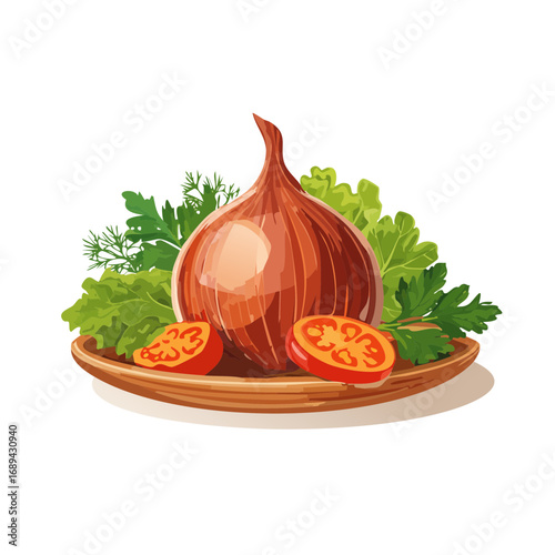 Fresh vegetables on wooden plate - onion, tomatoes, lettuce, parsley, dill
