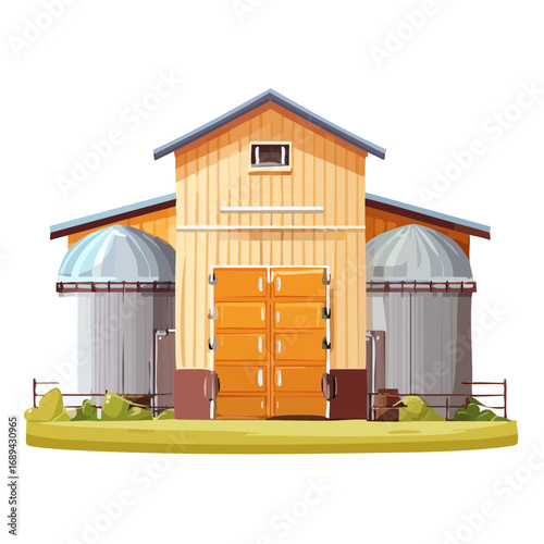 Cartoon Farm Barn with Grain Silos. Agricultural Building with Grain Storage. Rural Countryside Landscape, Agriculture Industry, Farming.