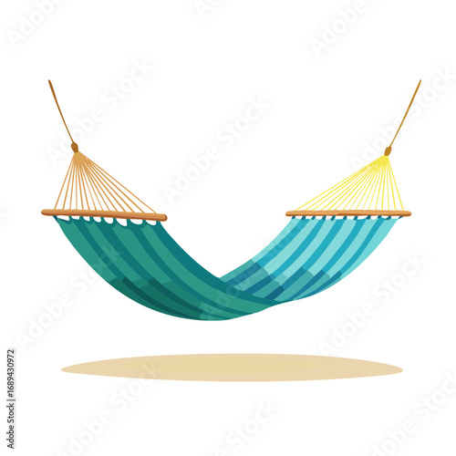 Illustration of a teal striped hammock hanging over sand for relaxation and vacation themes