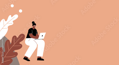 An illustration of a focused person working remotely on a laptop, surrounded by abstract leaves. Ideal for concepts of productivity, freelance work, and modern technology.