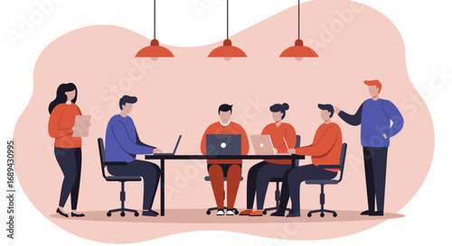 Diverse team collaborating in a modern office, focusing on laptops and discussing projects. Ideal for business, startup, and corporate themes.