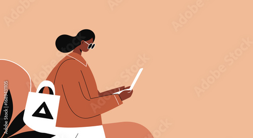Stylish woman uses laptop in a relaxed setting, embodying remote work, digital lifestyle, online learning, and modern productivity concepts.