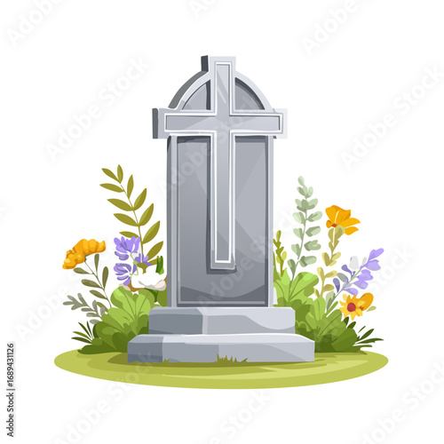 Illustration of a Gray Tombstone with a Cross Surrounded by Colorful Flowers