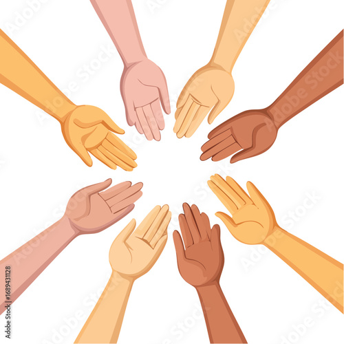 Diversity concept hands of different skin colors together. Unity, teamwork and togetherness. Community, global culture, support for partnership