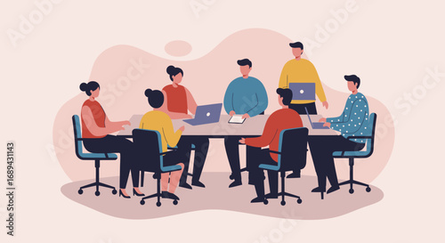Diverse team collaborating in a business meeting, discussing ideas and strategy in a modern office environment. Illustrates teamwork and productivity.
