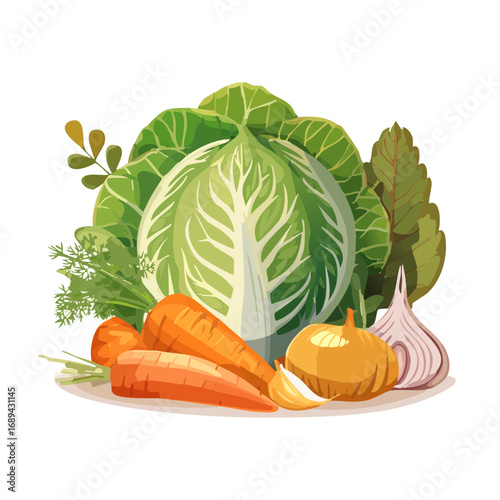Fresh garden vegetables still life Cabbage carrots onion garlic and dill illustration