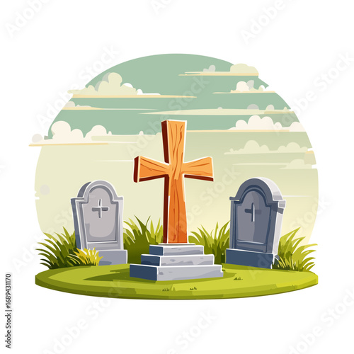 Cartoon illustration of a cemetery with headstones and wooden cross, set against a whimsical sky with clouds in a tranquil landscape scene.