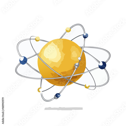 Atomic structure illustration with orbiting electrons and nucleus physics science symbol chemistry model atom