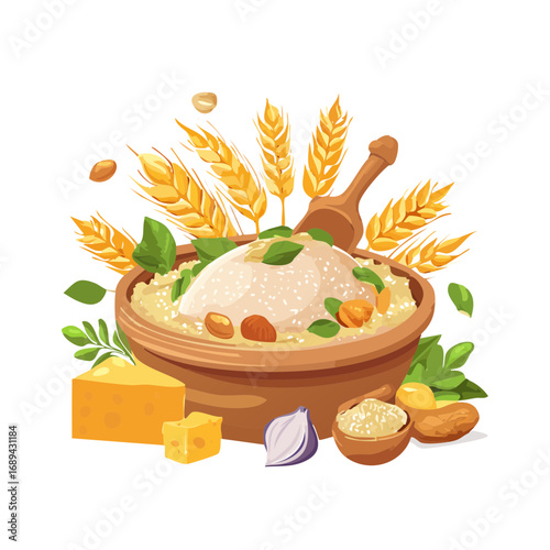 Healthy meal illustration featuring porridge bowl with grains nuts cheese and basil leaves  Promoting healthy food concepts