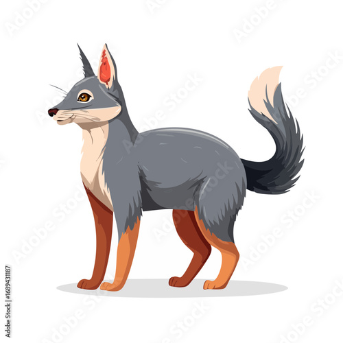 Cartoon jackal illustration standing in profile wild canine animal vector graphic clip art pet character design safari wildlife
