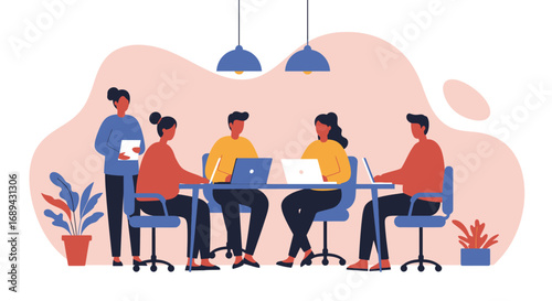 Diverse team collaborating in a modern office meeting, discussing projects with laptops. Illustrates teamwork, productivity, and professional development.