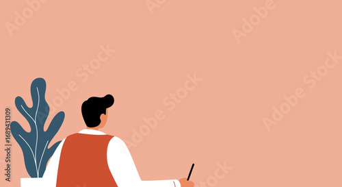 Minimalist illustration of a focused person working or studying with a pen against a clean peach background. Ideal for business, education, or creative concepts.
