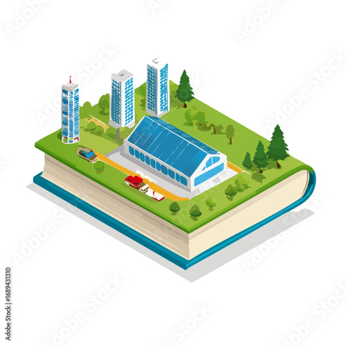 Eco friendly city on book illustration featuring solar panels buildings trees and vehicles demonstrating sustainability urban planning