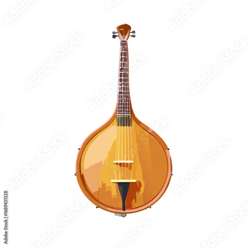 Artistic rendition of stringed musical instrument with bulbous body for cultural musical projects
