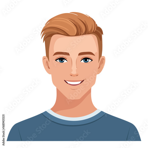 Smiling young man portrait illustration with blonde hair and blue eyes for advertising or presentation
