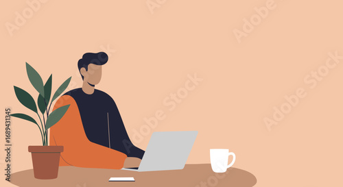 Modern man working remotely on his laptop at a minimalist desk with a potted plant and steaming coffee mug. Represents freelance, home office, or digital work concepts.