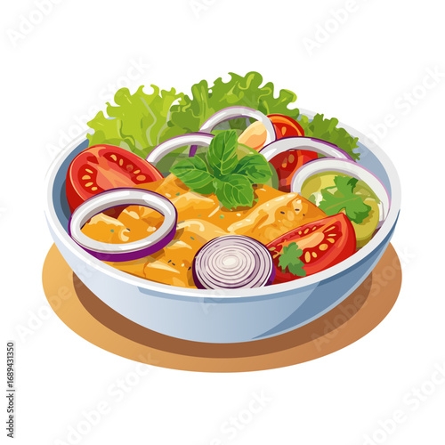Delicious curry salad bowl vibrant vegetarian meal with lettuce tomato onion mint cilantro fresh and healthy