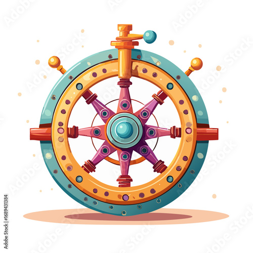Stylized Cartoon Ship Wheel with Blue Accents and Golden Trim Navigation Equipment