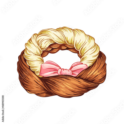 Cartoon Hair Braid Hairstyle Blond Brunette with Pink Bow Beautiful Decorative Design Fashion Women Braided Hair Style