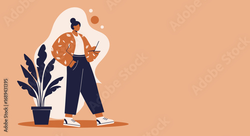 Confident woman using laptop for remote work or creative tasks. Modern lifestyle, technology, and business concept with ample copy space.