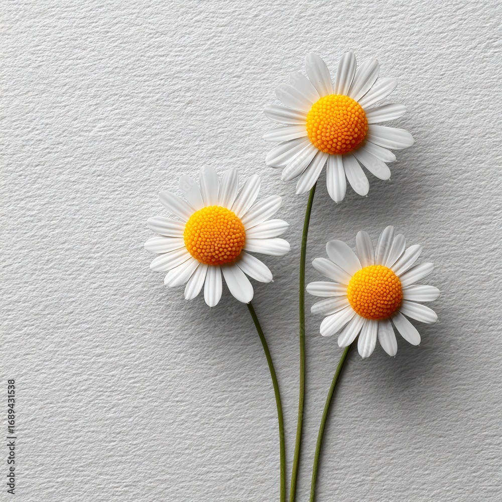Obraz premium Three Bright Daisies on a White Background for Fresh Floral Design