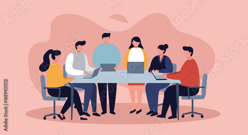 Diverse team collaborates on a modern flat design landing page, discussing ideas for a successful marketing presentation.