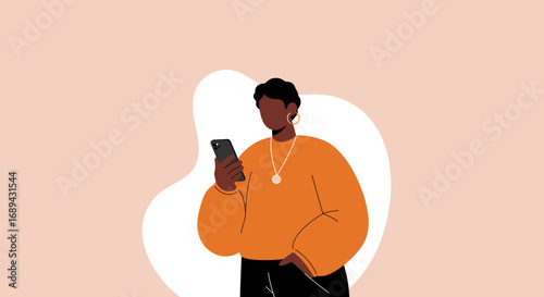 Stylish woman using a smartphone, connected to digital world. Ideal for technology, communication, or social media concepts in modern lifestyle.