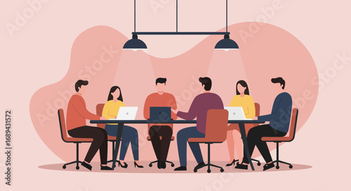 Team of professionals collaborating in a modern office meeting room, using laptops for business discussions and strategic planning.
