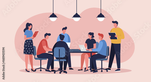 Diverse business team collaborating in a modern office meeting, discussing strategies and ideas. Represents teamwork, productivity, and professional development.