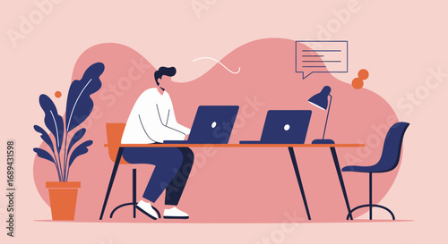 Professional man focused on working remotely on his laptop at a modern desk. Represents online learning, productivity, and digital communication.
