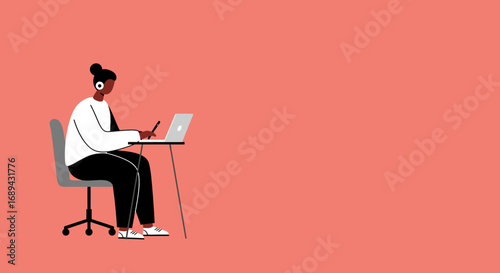 Focused person wearing headphones works on a laptop with a stylus. Represents productivity, remote work, online learning, and digital creativity.