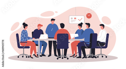 Diverse business team collaborating in a modern office meeting, discussing strategy and working together on laptops. Represents teamwork and corporate productivity.