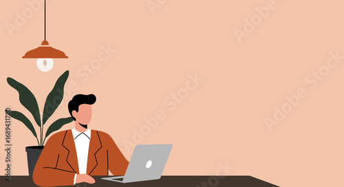 Professional man working on laptop at modern workspace with plant and lamp. Ideal for business, remote work, and productivity concepts.