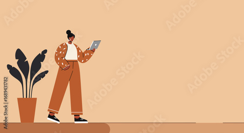 A modern illustration of a person using a digital tablet indoors, symbolizing remote work, online learning, or digital communication. Clean, minimalist design for business and lifestyle themes.