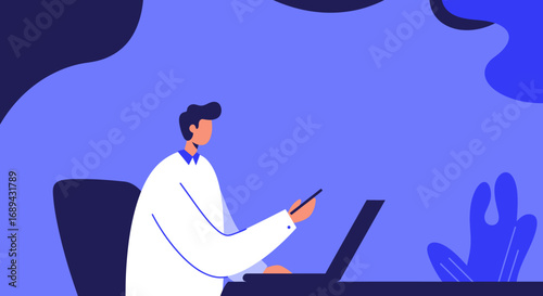 Dedicated professional working remotely on a laptop with a stylus, demonstrating modern digital productivity and communication in a sleek, minimalist blue setting.