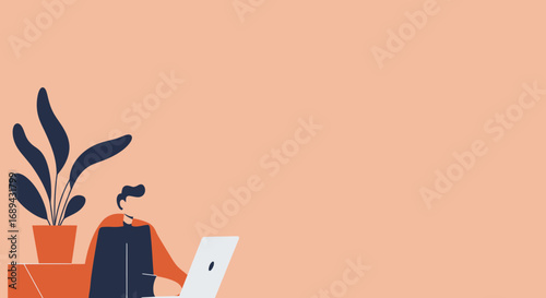 Minimalist illustration of a man working on a laptop, perfect for depicting remote work, online learning, or digital business concepts in a modern setting.