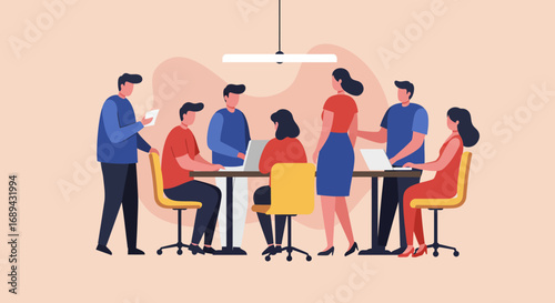 Diverse business team collaborating in a modern office meeting, discussing projects and strategy. Ideal for corporate teamwork and professional development concepts.