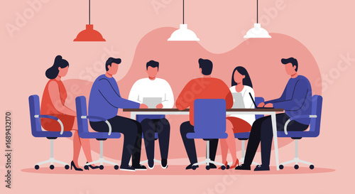 Diverse team of professionals collaborating in a modern office meeting, discussing business strategy and ideas. Ideal for corporate teamwork.