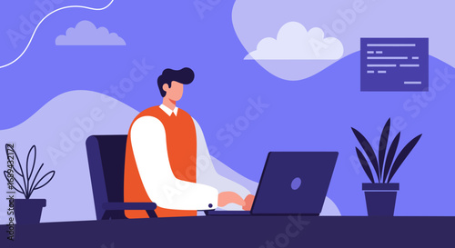 Professional man focused on laptop work in a modern office or home workspace, representing productivity, online business, and digital lifestyle.