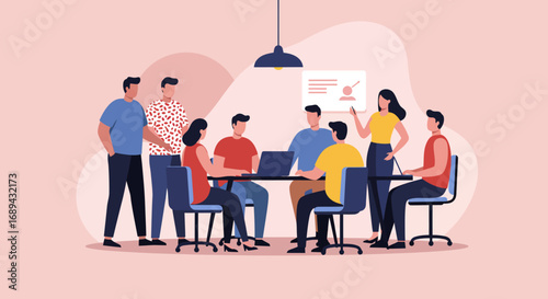 Diverse business team collaborating in a modern office meeting, discussing strategy and presentation. Ideal for concepts of teamwork, innovation, and professional development.